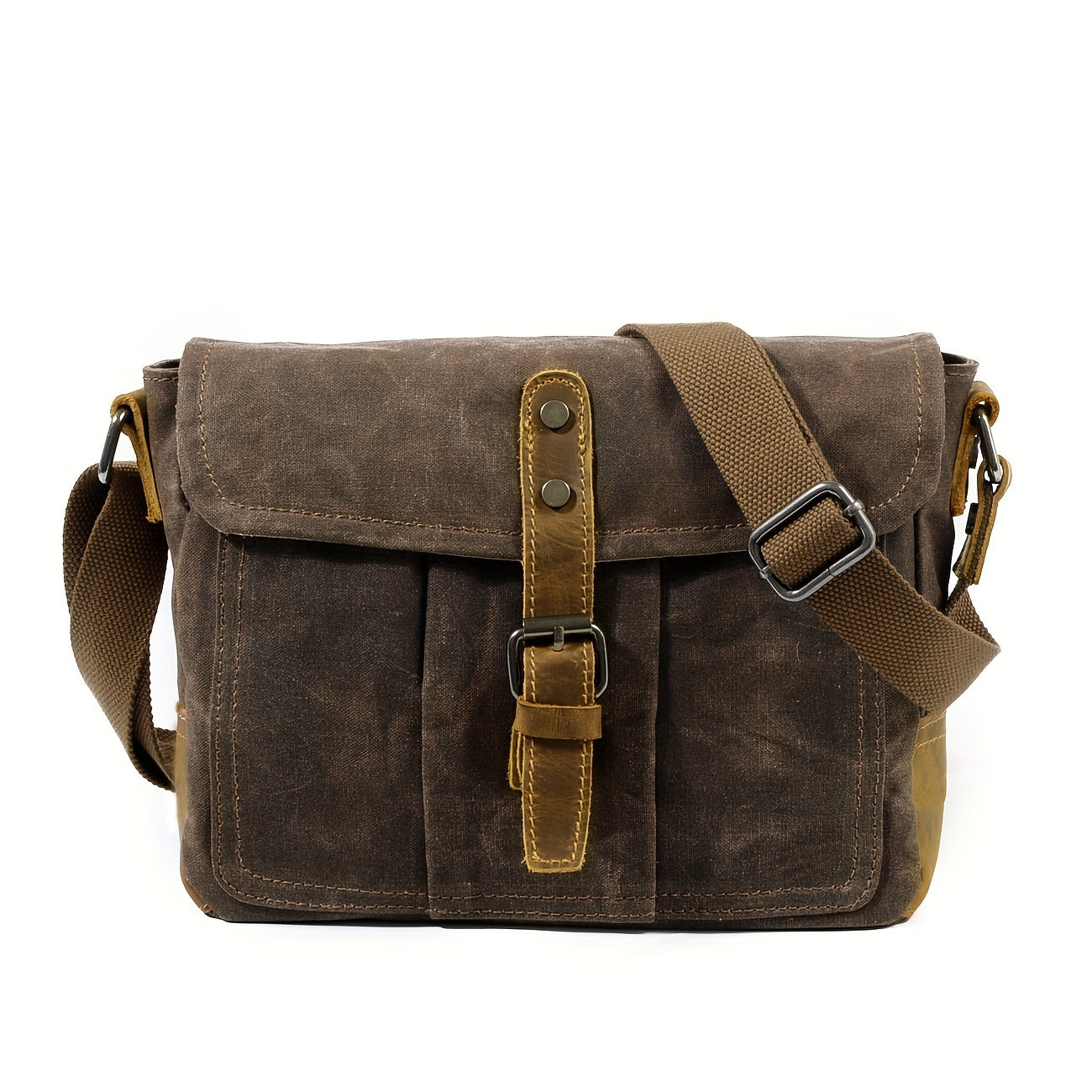 Borsa a tracolla in tela marrone vintage con fibbia in pelle, tasche frontali e tracolla regolabile. Ideale per uomo e donna, stile casual.