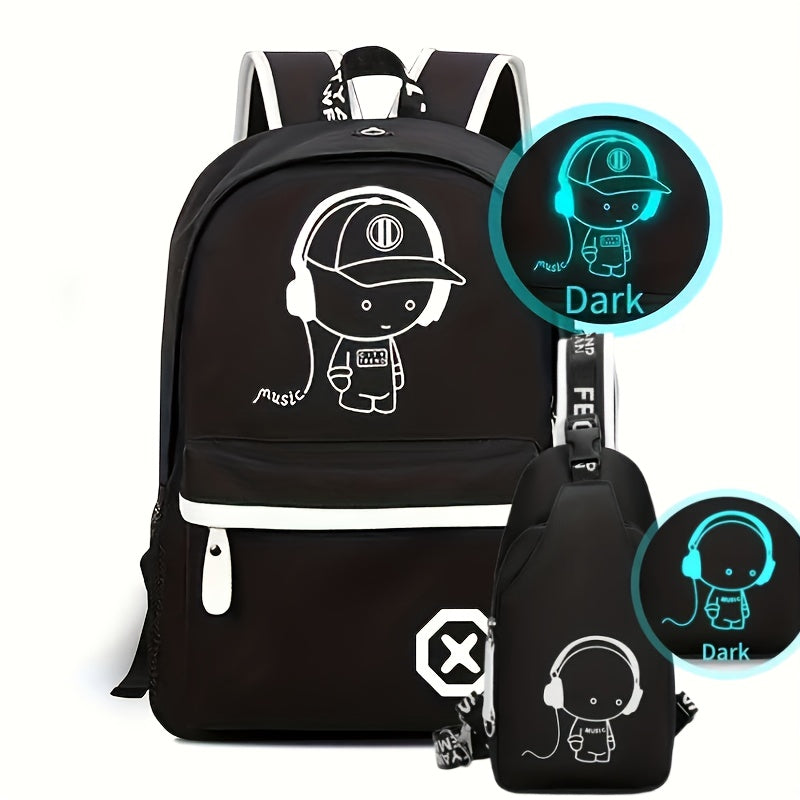 Zaino nero con design luminoso di un personaggio stilizzato, cuffie e cappello. Ideale per scuola, viaggio, moda giovanile. Tasche multiple.