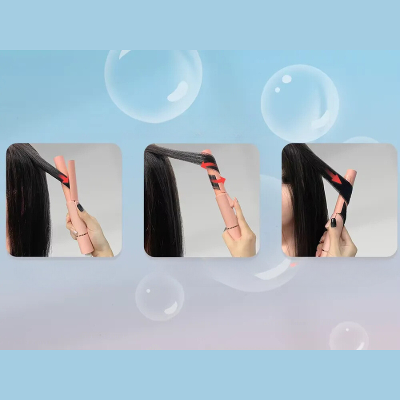 Piastra per capelli rosa, multifunzione, arricciacapelli e lisciacapelli, utilizzo su capelli neri, design compatto, ideale per styling professionale.