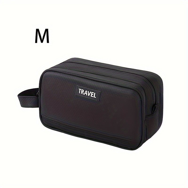 Borsa da viaggio nera taglia M, con manico laterale e doppia cerniera, ideale per organizzare accessori e articoli da toeletta.