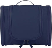 Borsa da viaggio blu scuro con manico, design compatto e zip multiple. Ideale per organizzare articoli da toeletta. Accessorio pratico e versatile.