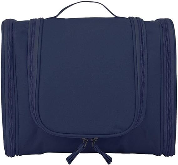 Borsa da viaggio blu scuro con manico, design compatto e zip multiple. Ideale per organizzare articoli da toeletta. Accessorio pratico e versatile.