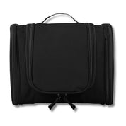 Borsa da toilette nera con manico, design compatto e zip multiple. Ideale per viaggi, organizzazione accessori bagno, resistente e pratica.