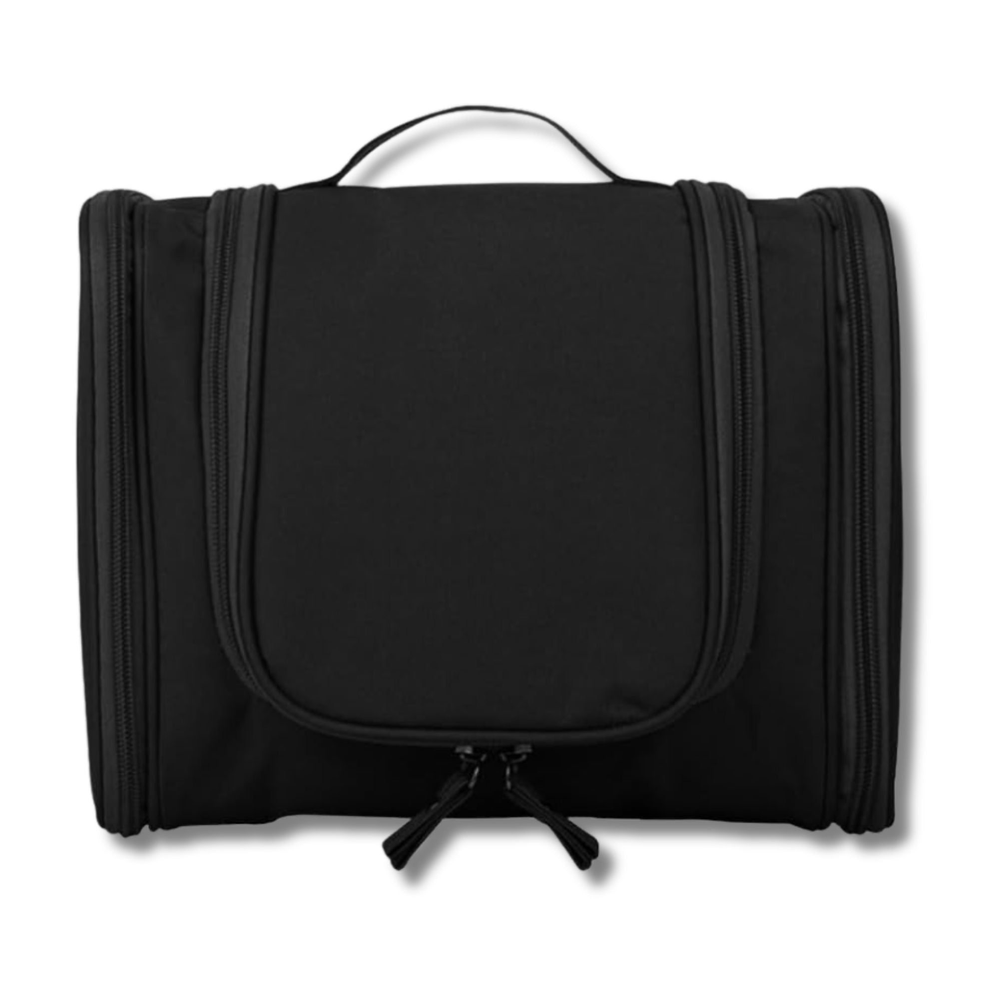 Borsa da toilette nera con manico, design compatto e zip multiple. Ideale per viaggi, organizzazione accessori bagno, resistente e pratica.