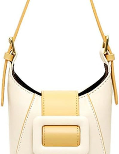Borsa a secchiello in pelle bianca e gialla con fibbia decorativa, manico regolabile. Elegante accessorio moda donna.