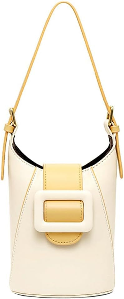 Borsa a secchiello in pelle bianca e gialla con fibbia decorativa, manico regolabile. Elegante accessorio moda donna.