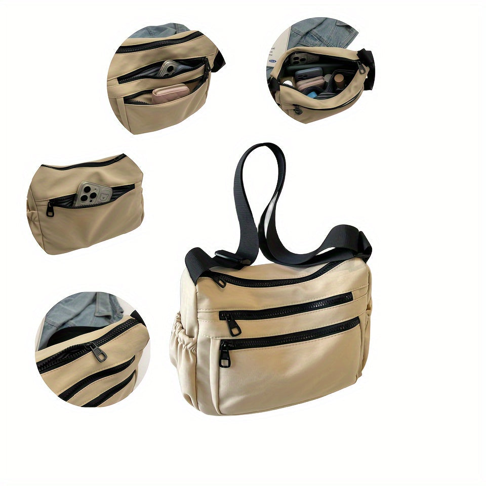 Borsa a tracolla beige con cerniere multiple, tasche interne ed esterne, ideale per organizzare accessori e oggetti personali.