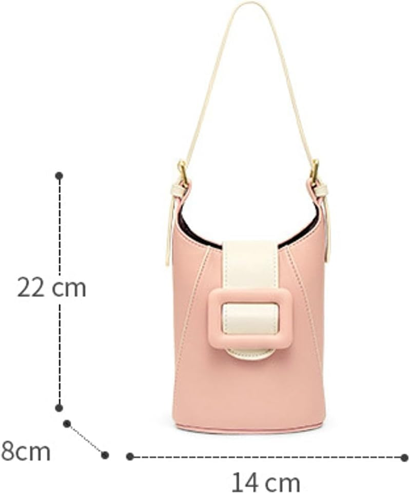 Borsa a secchiello rosa con fibbia decorativa, tracolla regolabile, dimensioni 22x14x8 cm. Accessorio moda elegante e versatile per donna.