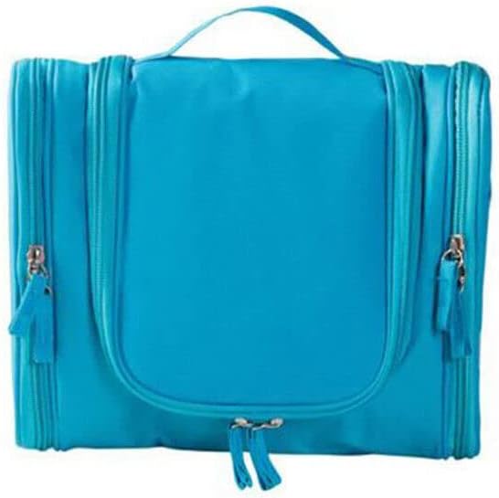 Borsa da viaggio blu con zip, design compatto e manico superiore. Ideale per organizzare articoli da toeletta. Accessorio pratico e leggero.