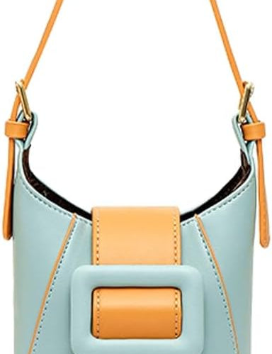 Borsa a secchiello in pelle azzurra e arancione con fibbia decorativa, tracolla regolabile. Design elegante e moderno, accessorio moda donna.
