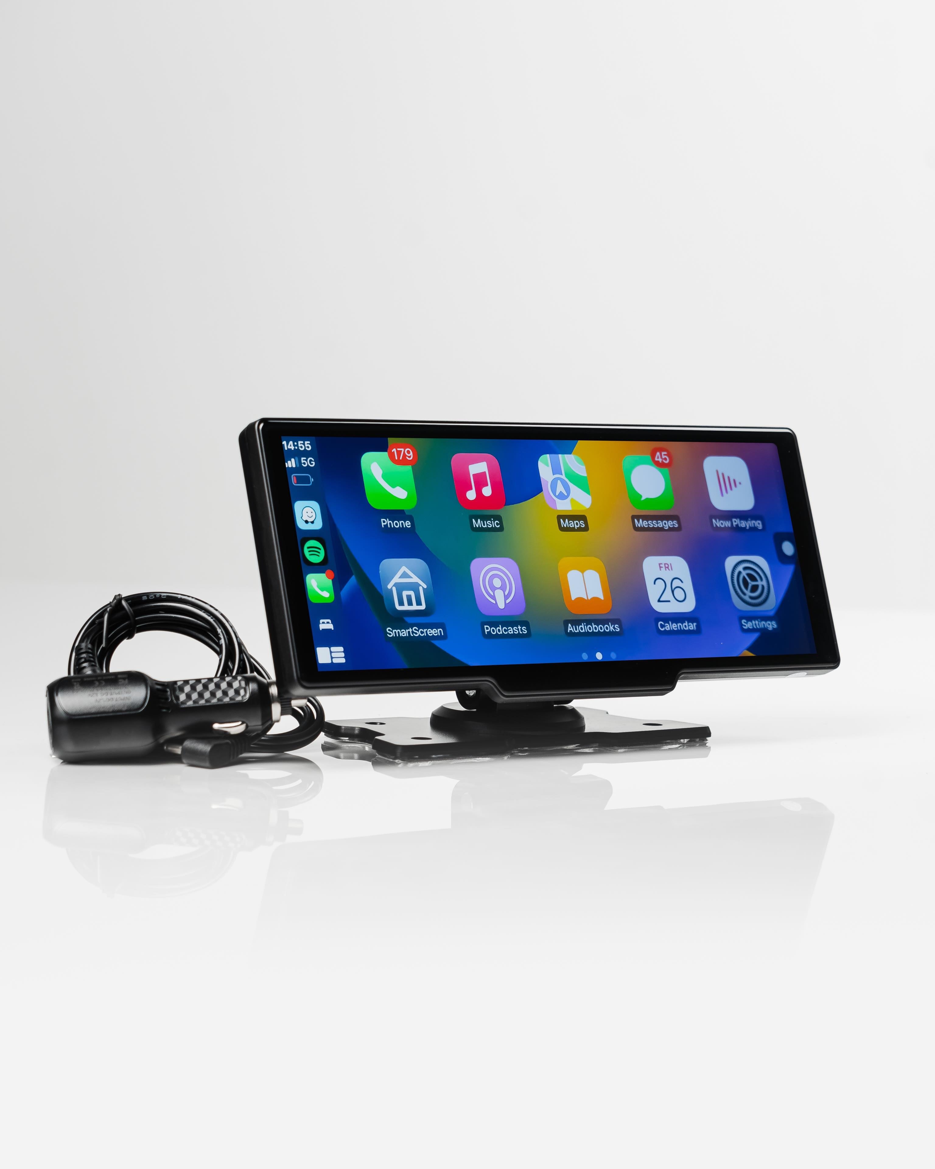 Schermo touchscreen per auto con cavo, interfaccia multimediale, icone app colorate, supporto integrato, tecnologia avanzata per veicoli.