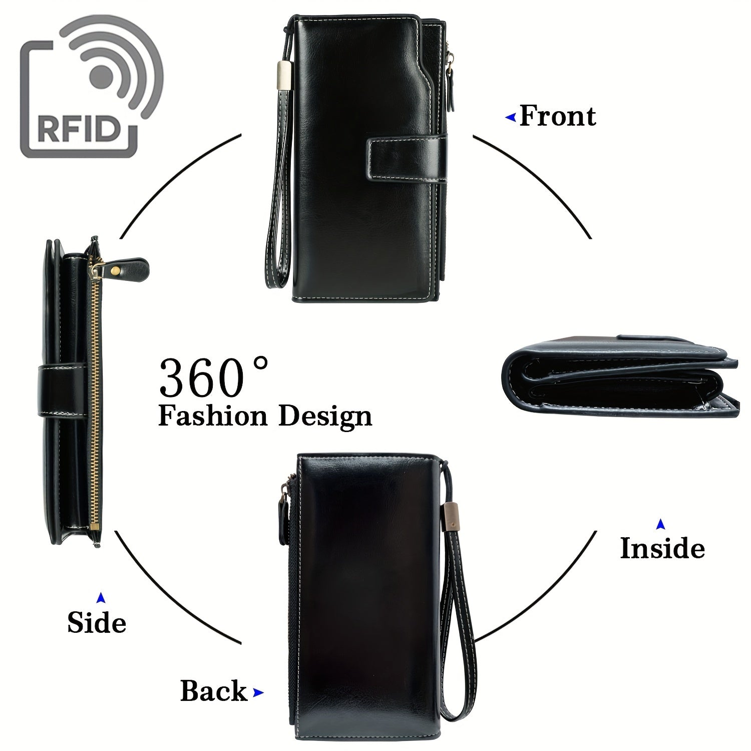 Portafoglio in pelle nero con protezione RFID, design a 360 gradi, chiusura a zip, cinturino da polso, tasche multiple, elegante e funzionale.