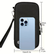 Custodia nera per smartphone con cinturino, dimensioni 23x13x3 cm, compatibile con iPhone 13 Pro Max. Design elegante e pratico per protezione e stile.