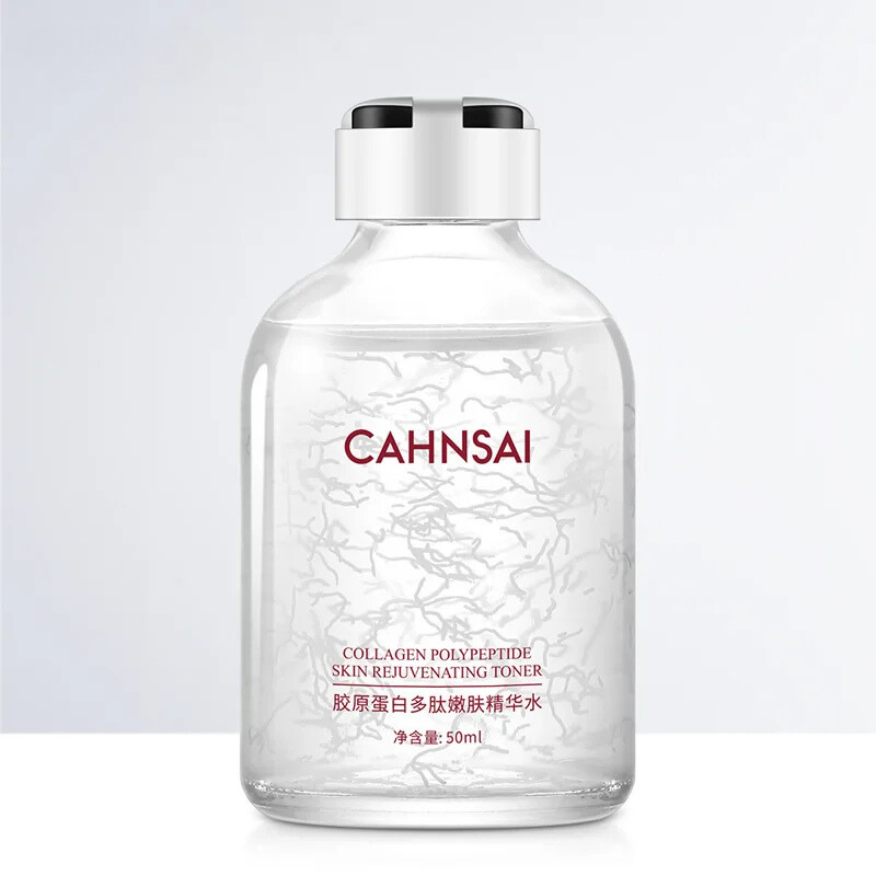 Bottiglia di tonico rivitalizzante per la pelle al collagene CahnSai, 50ml, design trasparente con tappo argentato, ideale per cura della pelle.