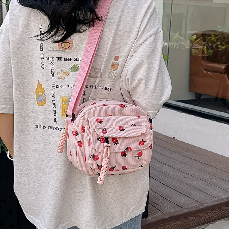 Donna con borsa a tracolla rosa con stampa fragole, indossa maglietta beige con illustrazioni. Moda casual estiva, accessori femminili trendy.