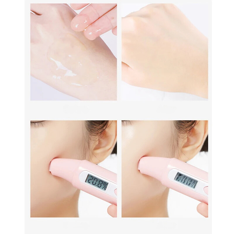 Dispositivo misuratore di umidità della pelle, digitale, rosa, utilizzato su viso femminile. Schermo LCD mostra livelli di idratazione.