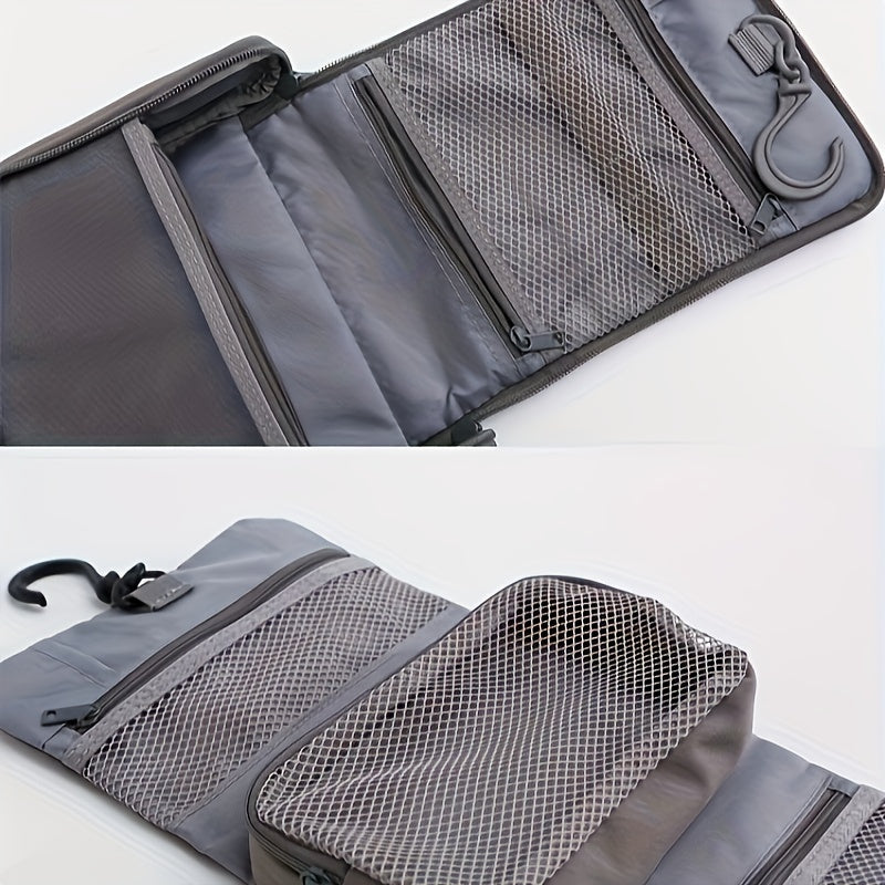 Borsa da viaggio grigia con gancio, scomparti a rete e cerniere. Organizer impermeabile per articoli da toeletta, ideale per viaggi e bagagli a mano.