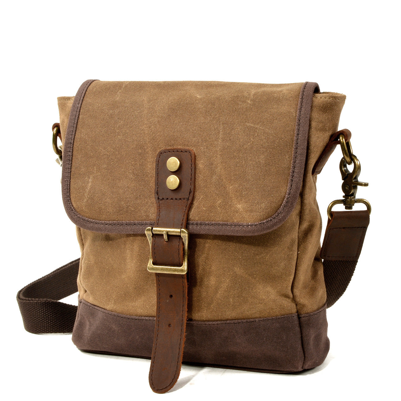 Borsa a tracolla in tela marrone con fibbia in pelle, chiusura a bottone, tasca frontale, ideale per uomo e donna, stile vintage casual.