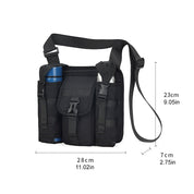 Borsa a tracolla tattica nera con tasche multiple, portabottiglie, dimensioni 28x7x23 cm. Ideale per escursioni, campeggio, attività outdoor.
