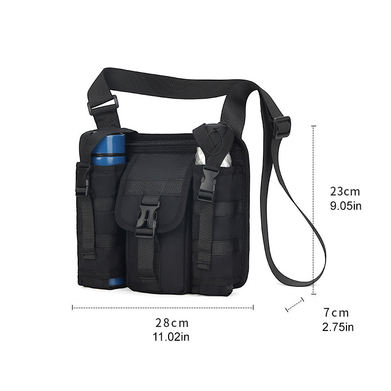 Borsa a tracolla tattica nera con tasche multiple, portabottiglie, dimensioni 28x7x23 cm. Ideale per escursioni, campeggio, attività outdoor.
