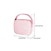 Astuccio rosa con manico, dimensioni 26,6x19,7x10,5 cm, design elegante, ideale per cosmetici o accessori, perfetto per viaggi e organizzazione.