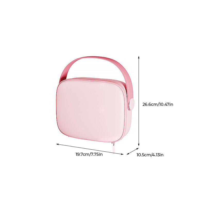 Astuccio rosa con manico, dimensioni 26,6x19,7x10,5 cm, design elegante, ideale per cosmetici o accessori, perfetto per viaggi e organizzazione.