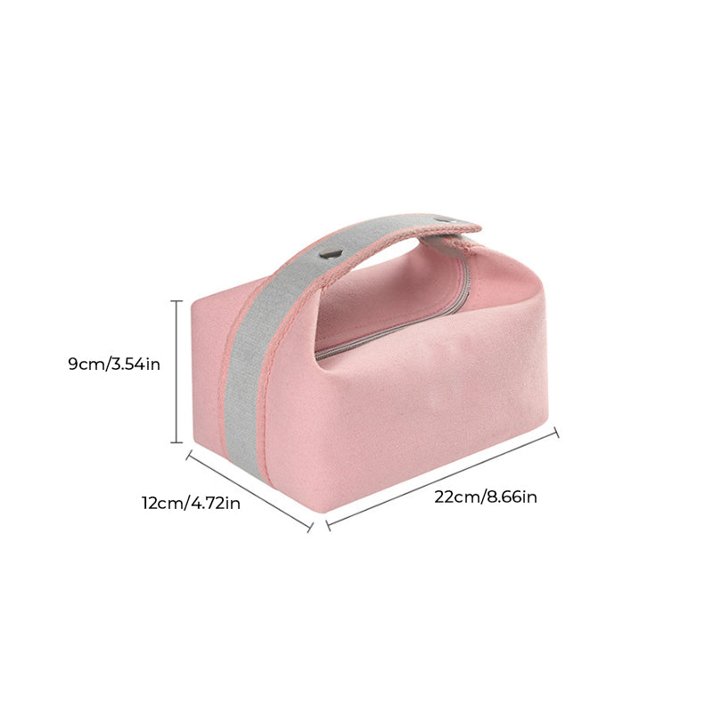 Borsa termica rosa con manico grigio, dimensioni 22x12x9 cm, ideale per pranzo al sacco, picnic, scuola, lavoro. Accessorio pratico e compatto.