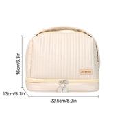 Borsa cosmetica beige con cerniera, dimensioni 22,5x16x13 cm, design a righe, ideale per trucco e accessori da viaggio. Tasche interne organizzate.