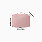 Borsa trucco rosa con manico, dimensioni 23x16,5x8 cm, ideale per cosmetici, organizer da viaggio compatto e leggero.