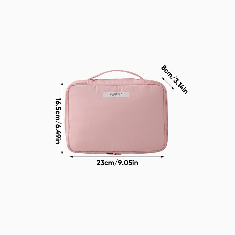 Borsa trucco rosa con manico, dimensioni 23x16,5x8 cm, ideale per cosmetici, organizer da viaggio compatto e leggero.
