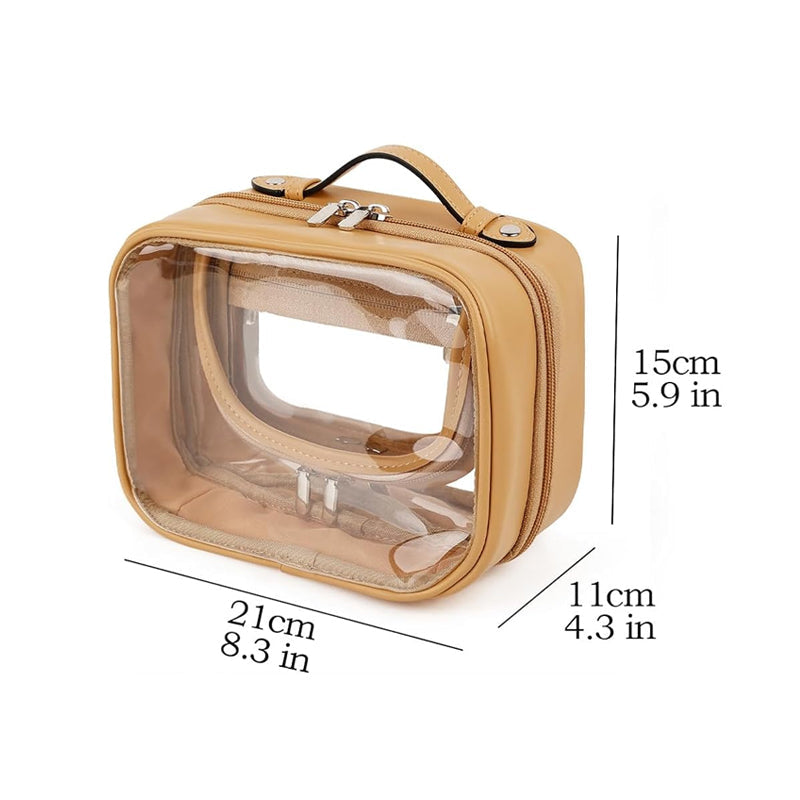 Borsa trasparente da viaggio in PVC beige, dimensioni 21x11x15 cm, con manico e cerniera. Ideale per cosmetici e articoli da toilette.