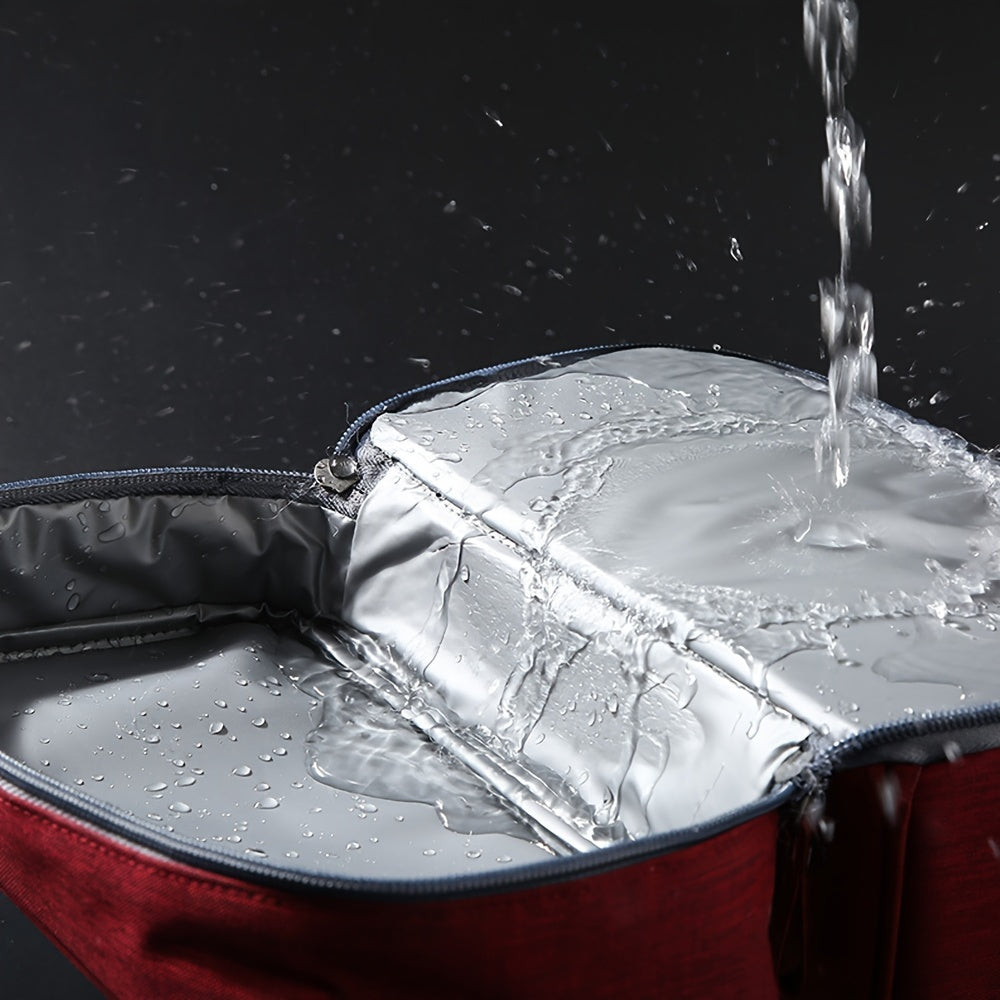 Borsa termica impermeabile rossa con interno isolante in alluminio, resistente all'acqua, ideale per conservare cibi e bevande freschi.