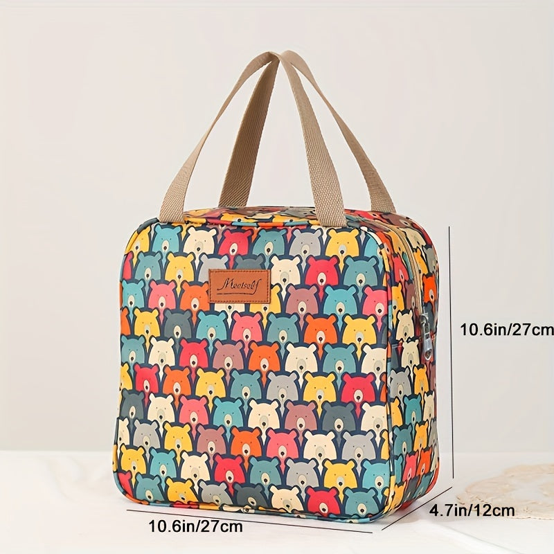 Borsa termica colorata con motivo orsetti, dimensioni 27x27x12 cm, manici beige, ideale per picnic e pranzo al sacco.
