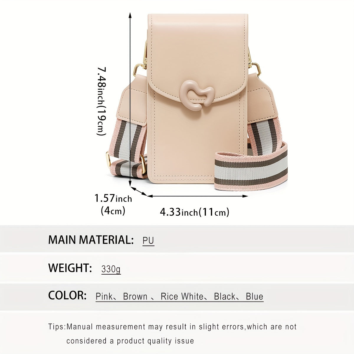 Borsa a tracolla in PU rosa con cinturino regolabile a righe, dimensioni 19x11x4 cm, peso 330g. Disponibile in vari colori: rosa, marrone, bianco riso, nero, blu.