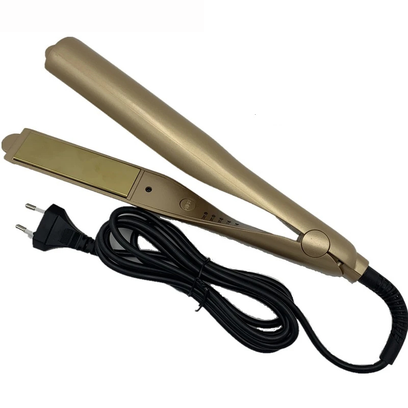 Piastra per capelli in ceramica dorata con cavo nero, design ergonomico, ideale per lisciare e modellare, adatta a tutti i tipi di capelli.