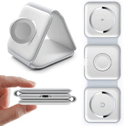 Caricatore wireless pieghevole 3 in 1 bianco, compatibile con dispositivi Apple, design compatto e portatile, ideale per viaggi e ufficio.