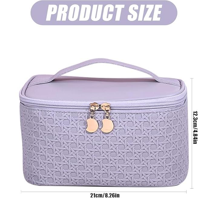 Astuccio cosmetico viola con cerniera, motivo intrecciato, dimensioni 21x13 cm, manico superiore, ideale per trucco e accessori da viaggio.