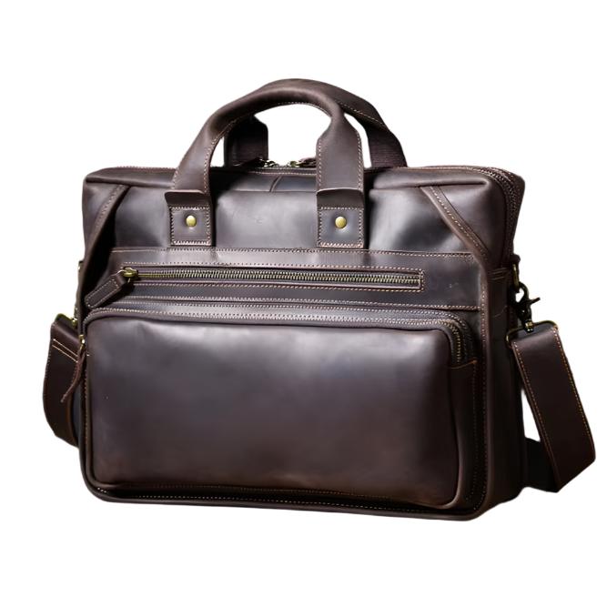 Borsa ventiquattrore in pelle marrone scuro con manici e tracolla regolabile, tasche multiple con cerniera, design elegante e professionale.