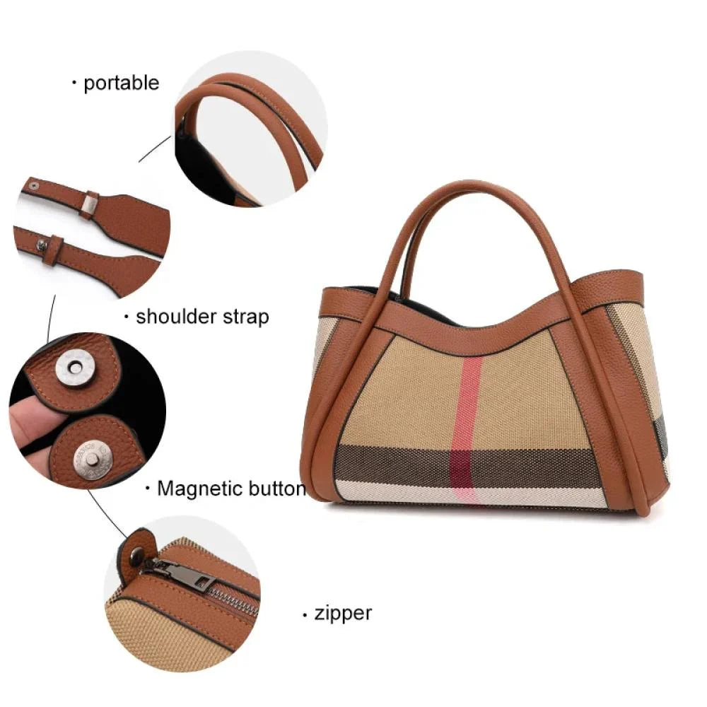 Borsa a mano in tessuto beige con dettagli in pelle marrone, tracolla rimovibile, chiusura a bottone magnetico e cerniera. Elegante e portatile.