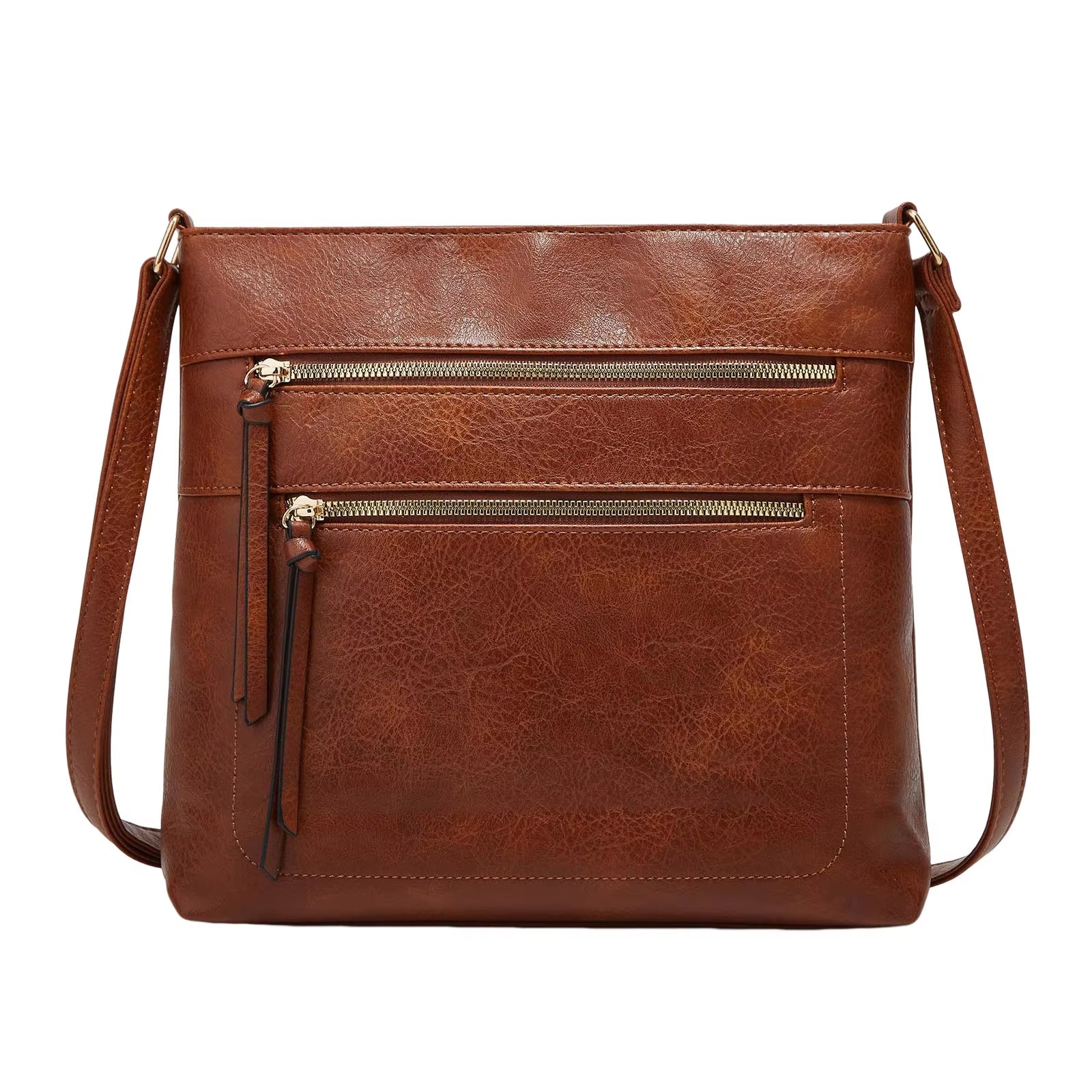 Borsa a tracolla in pelle marrone con doppie tasche frontali con cerniera, design elegante e pratico, ideale per moda donna e accessori quotidiani.