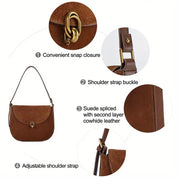 Borsa a tracolla in pelle marrone con chiusura a scatto, fibbia regolabile, dettagli in camoscio, design elegante e funzionale per donna.