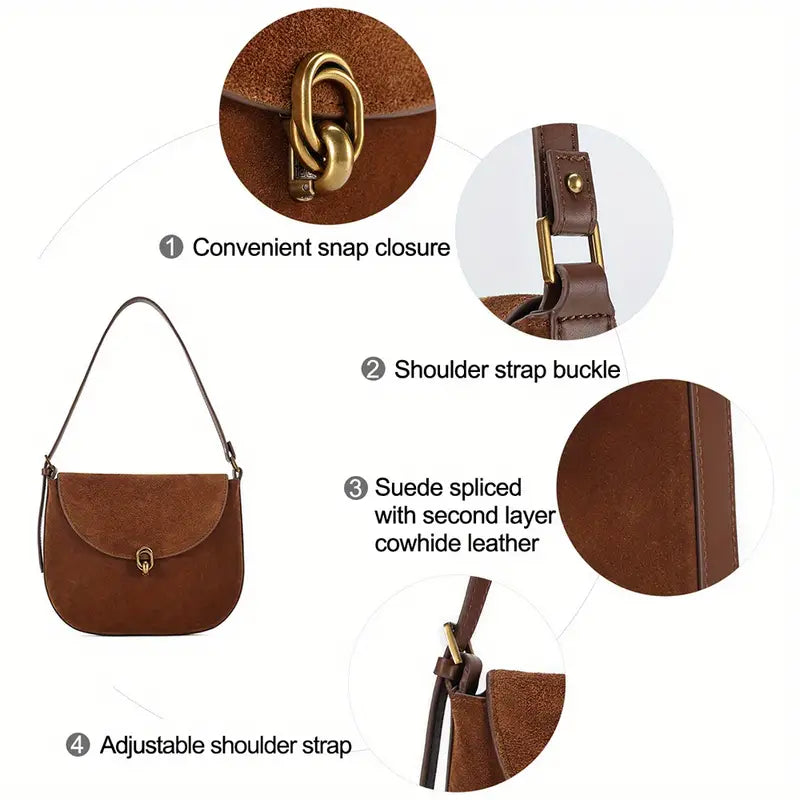 Borsa a tracolla in pelle marrone con chiusura a scatto, fibbia regolabile, dettagli in camoscio, design elegante e funzionale per donna.