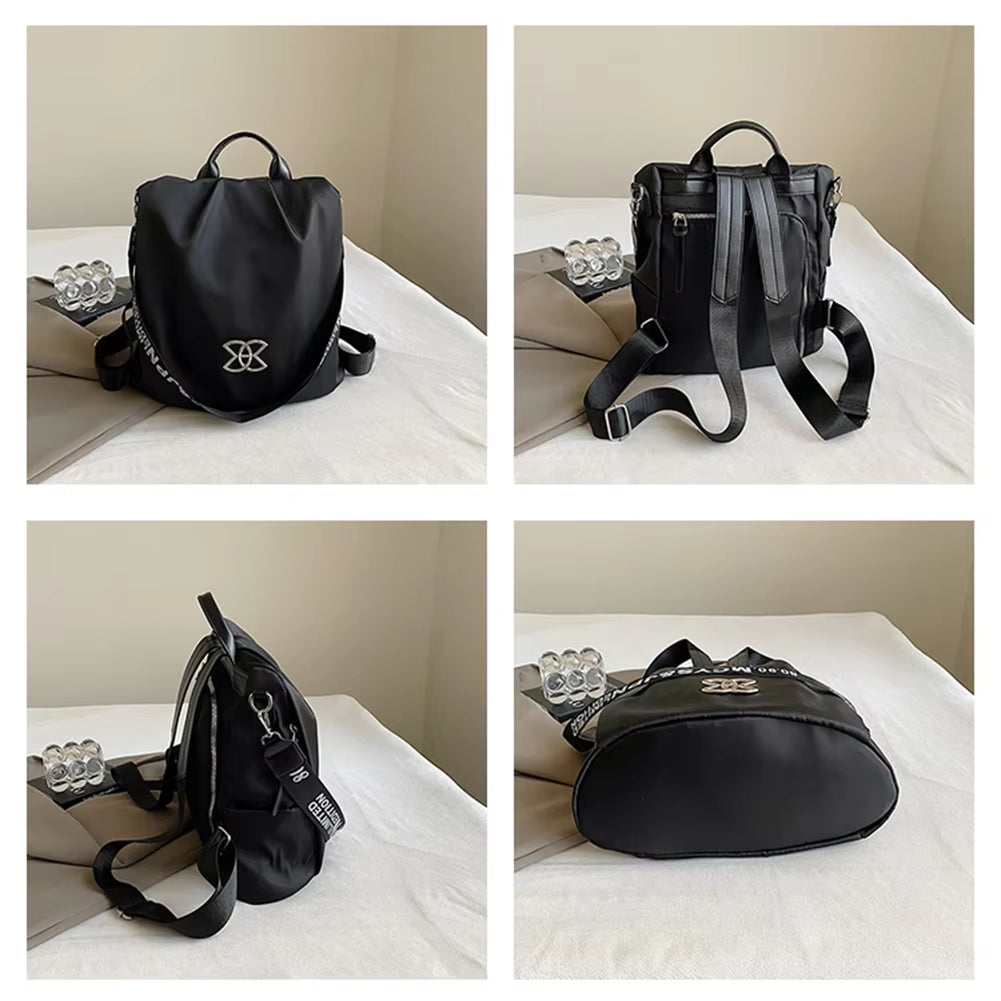 Zaino nero multifunzione in tessuto impermeabile, design moderno, logo bianco, vista frontale, laterale e posteriore, ideale per viaggi e lavoro.