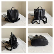 Zaino nero multifunzione in tessuto impermeabile, design moderno, logo bianco, vista frontale, laterale e posteriore, ideale per viaggi e lavoro.