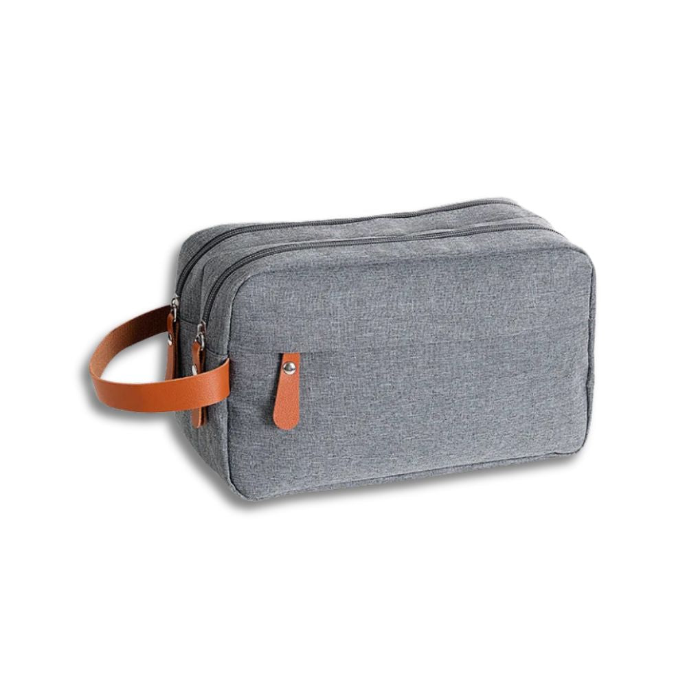 Borsa da toilette grigia in tessuto con manico in pelle marrone, doppia cerniera, ideale per viaggio, organizer cosmetici, accessori bagno.