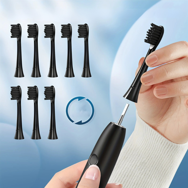 Testine di ricambio nere per spazzolino elettrico, set di 8 pezzi, compatibili con Oral-B, design ergonomico, setole morbide, igiene dentale avanzata.