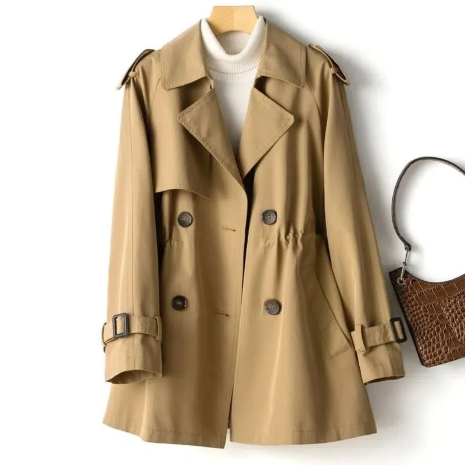 Cappotto trench beige da donna, doppio petto, con cintura e bottoni, su gruccia. Elegante e versatile, perfetto per l'autunno.