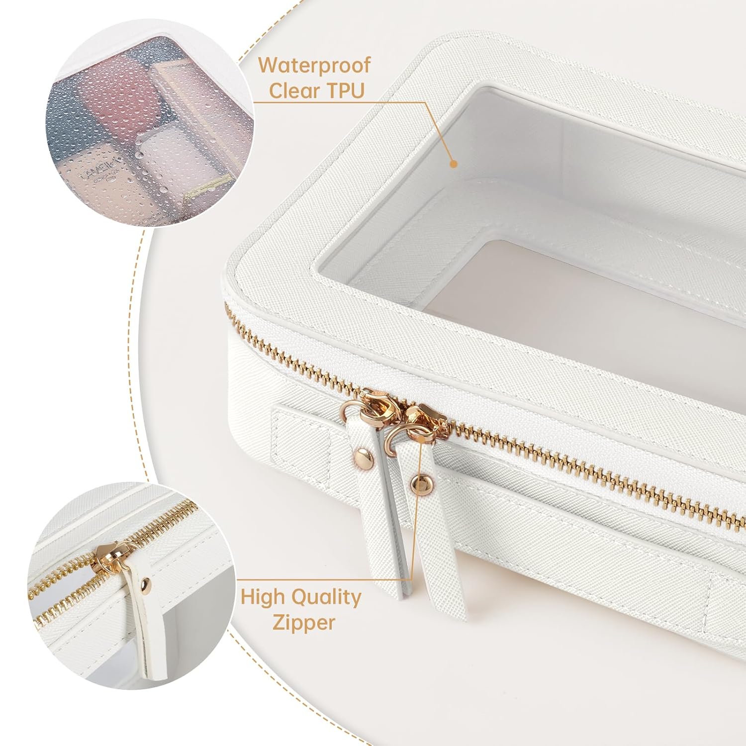 Astuccio trasparente impermeabile in TPU con cerniera di alta qualità, ideale per cosmetici. Design elegante e pratico per organizzazione efficiente.