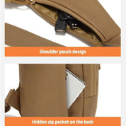 Zaino a tracolla marrone con design tasca sulla spalla, cerniera nascosta sul retro, ideale per smartphone e accessori. Tasche multifunzionali.