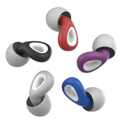 Auricolari wireless colorati in silicone, design ergonomico, disponibili in rosso, nero, viola, grigio e blu. Accessori audio moderni e confortevoli.